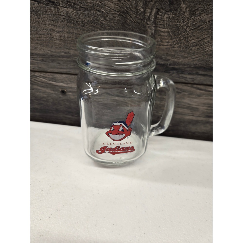 Vintage Cleveland Indians MLB Mason Jar Mug Chief Wahoo Glass Beer Stein Handle